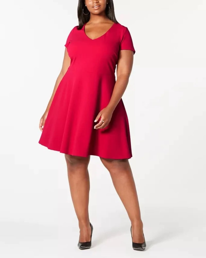 Front of a model wearing a size 18W B Darlin Women's Trendy Plus Size Bow-Back Skater Dress Red Size 18W in Red by B Darlin. | dia_product_style_image_id:313256